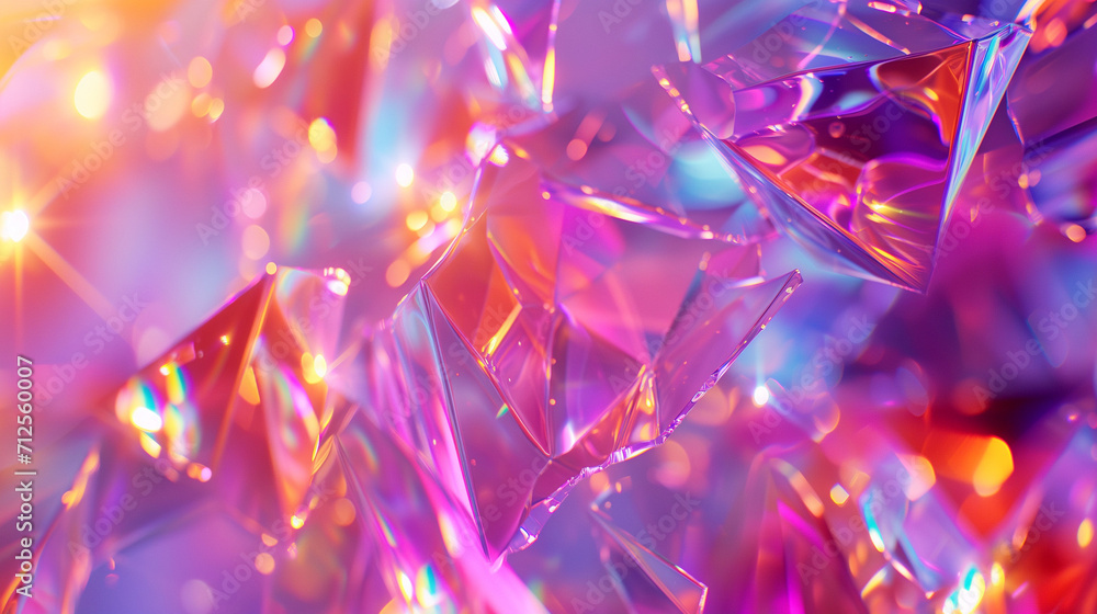 Poster background with bokeh, holographic background with glass shards. rainbow reflexes in pink and purple