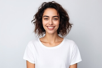 Happy woman with white shirt created with Generative AI - obrazy, fototapety, plakaty