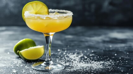  a margarita cocktail garnished with a slice of lime and salt on a dark background with sprinkles.