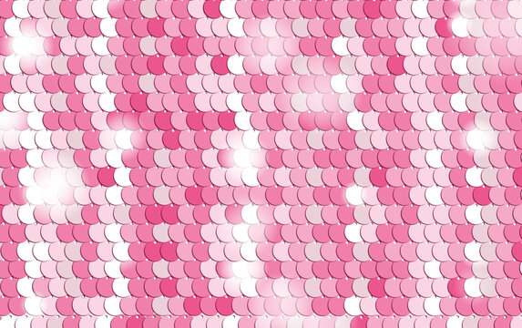 Vector image of abstract metallic background from shiny red and rose sequins or paillettes on fabric. Glittering sequined shining scales texture.