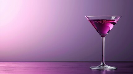  a purple drink in a wine glass on a purple table with a pink wall behind it and a purple wall behind it.
