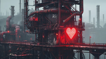 A symbol of love stands tall amidst the cold, metallic landscape of a factory, reminding us of the warmth and passion that still exists in the industrial world