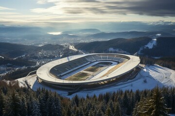 Panorama view from Schanzenturm of the Bergiselschanze on the ski jumping stadium with empty grandstands. Generative AI - obrazy, fototapety, plakaty