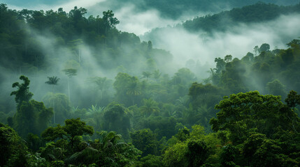 Fog in the forest, Misty morning in the forest, Misty morning in the mountains, Mist Surround Pristine Rainforest, Ai generated image 