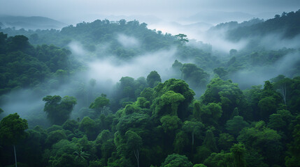 Fog in the mountains, Misty morning in the forest, Misty morning in the mountains, Mist Surround Pristine Rainforest, Ai generated image 
