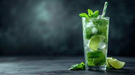  a glass of mojito with limes and mints on a black table with a dark back ground. - Powered by Adobe