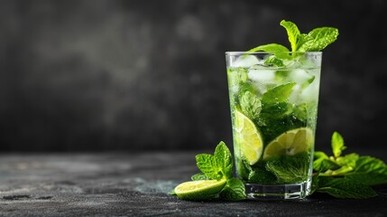  a glass of mojito with limes and mints on a dark surface with a dark back ground.