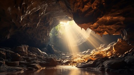 beautiful cave with a small puddle - obrazy, fototapety, plakaty