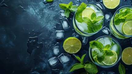  a group of mojitos with limes and mints on a dark background with ice cubes and water.