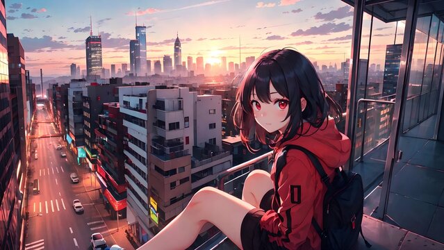 Fototapeta Anime girl sitting on the roof of a multi-story building, anime wallpaper, PC wallpaper