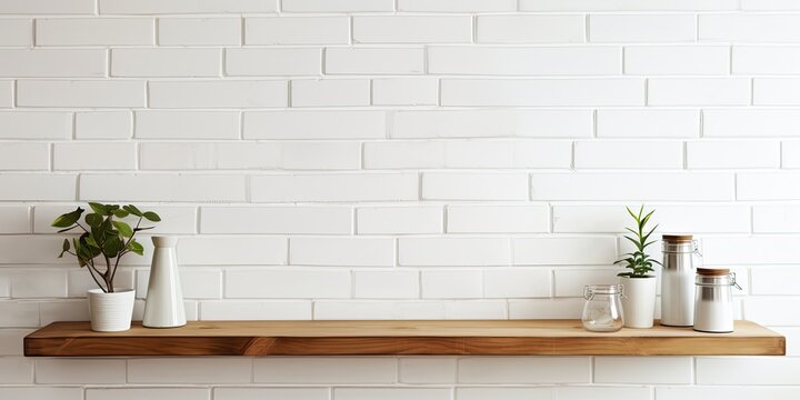 White brick wall and wooden plank shelves for displaying products.