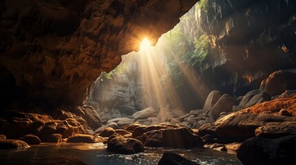 beautiful cave with a small pool of water - obrazy, fototapety, plakaty