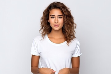 Fototapeta premium Happy woman with white shirt created with Generative AI