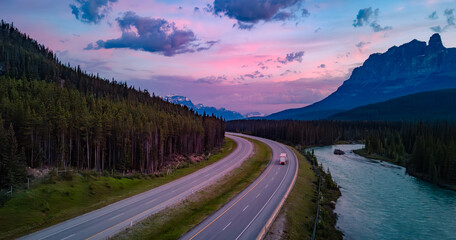 Trans-Canada Highway in Canadian Rockies. Sunrise Sky. Alberta, Canada
