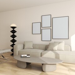 Gallery wall art set of 4 frames mockup. Empty posters in modern living room with sofa. 3D illustration
