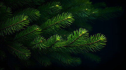 Fototapeta na wymiar Photo of bright green pine needles set against dark, shadowy background. Ai Generated