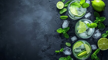  two glasses of mojito with limes and mints on a dark background with ice cubes and mints.