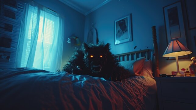 Child had nightmare. Scary werewolf with glowing eyes sit on bed. Spooky creepy creature. Insomnia or sleep paralysis concept. Bad dream. Anxiety stress problem. Monster or demon wolf. Mental health.