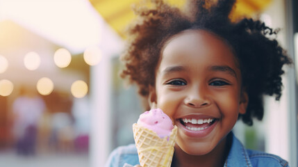 African American kid portrait enjoying color ice cream cone, copy space - Powered by Adobe