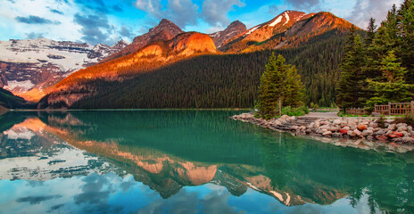Glacier Lake in Canadian Rocky Mountain Landscape. Nature Background Panorama - obrazy, fototapety, plakaty