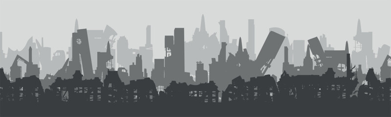 Silhouette of a destroyed city. Collapsed
ruined houses. Vector - obrazy, fototapety, plakaty