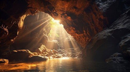 beautiful hidden cave with a small pool of water and a ray of sun entering in high resolution hd