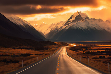 Beautiful scene with The road way to the mountain view of Mount cook. - obrazy, fototapety, plakaty