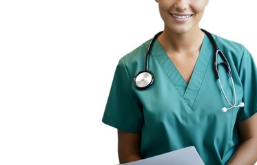 Beautiful, smiling, female surgeon doctor standing with a blank sheet in hands, isolated on a white background. Healthcare professional