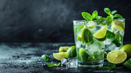  a glass of mojito with limes and mint on a dark background with ice cubes and mints.