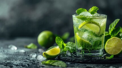  a glass of mojito with limes and mint on a dark background with ice and limes around it.