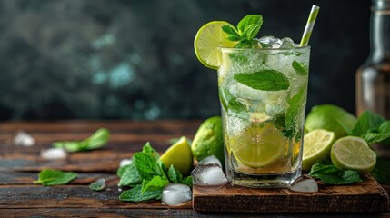  a glass of mojito with limes and mints on a cutting board next to a bottle of mojito.