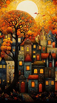 Autumn magnificence cozy town square golden sunset AI Generated pictures