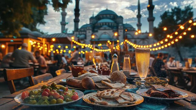 Delicious food for breaking the ramadan fast on a table in the mosque courtyard at evening. seamless timelapse looping 4k video animation background. generated with ai