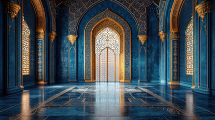 Fototapeta na wymiar The hall of the mosque is turquoise with gold ornaments. Ramadan Kareem background banner. Islamic holiday.