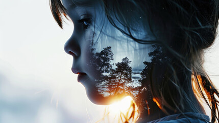 Little girl profile with imaginary world, dreams in her head, double exposure