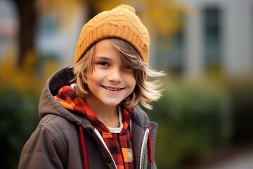 portrait of a boy in a warm hat and coat on the street