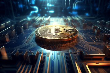 Bitcoin Münze aus Gold, digitales Gold, Kryptowährungen sind alternative digitale Währungen