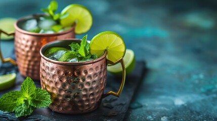  two copper mugs with mint and lime garnish on a black tray with a mint and lime garnish.