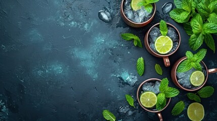  three glasses of mojito with limes and mints on a dark background with ice and mints.