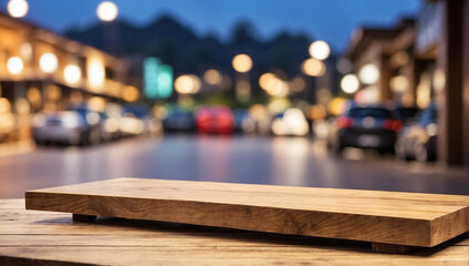 Empty wooden table for product display with blurry car background