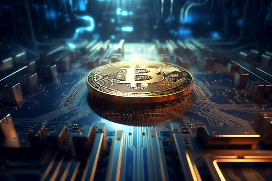 Bitcoin Münze aus Gold, digitales Gold, Kryptowährungen sind alternative digitale Währungen