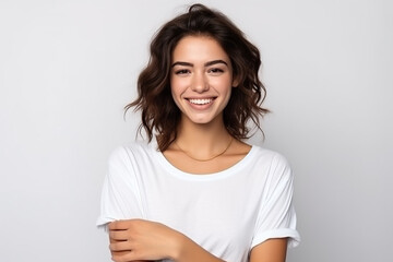Fototapeta premium Happy woman with white shirt created with Generative AI