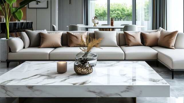 modern living room with fireplace, Living room with a sofa, Modern living room, Empty luxury modern table with blurry background, Top marble table in living room background, Ai generated image