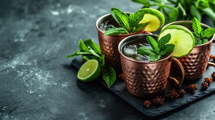  two copper mugs with mint, lime, and anise on a slate tray with mint and anise on the side.