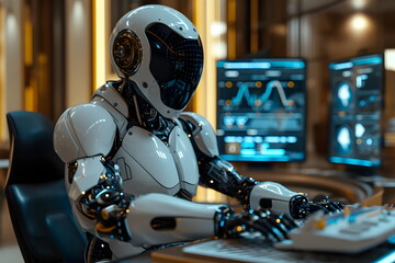 A cyborg sits at a desk in a high-tech luxurious office. Background is blurred many screens. It indicates that world systems such as the economy or finance sometimes it can be controlled by computer. - obrazy, fototapety, plakaty