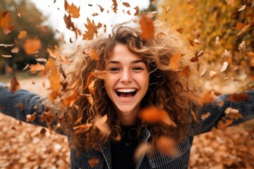 Joyful smiling woman throwing leaves into the air in the park in autumn. autumn theme orange color