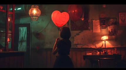 A woman's gentle touch illuminates the night as she holds a glowing red balloon, casting a warm and dreamy light reminiscent of a lantern's soft glow