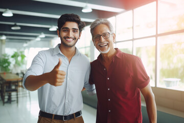 father and son showing thumps up