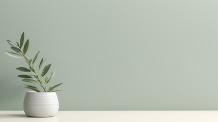 plant in a white vase. 3d rendering of a vase with olive branches against a green wall - obrazy, fototapety, plakaty
