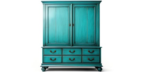 Fototapeta premium Vintage blue dresser isolated on white. Ethnic antique cupboard. Clothing closet with vanity table.